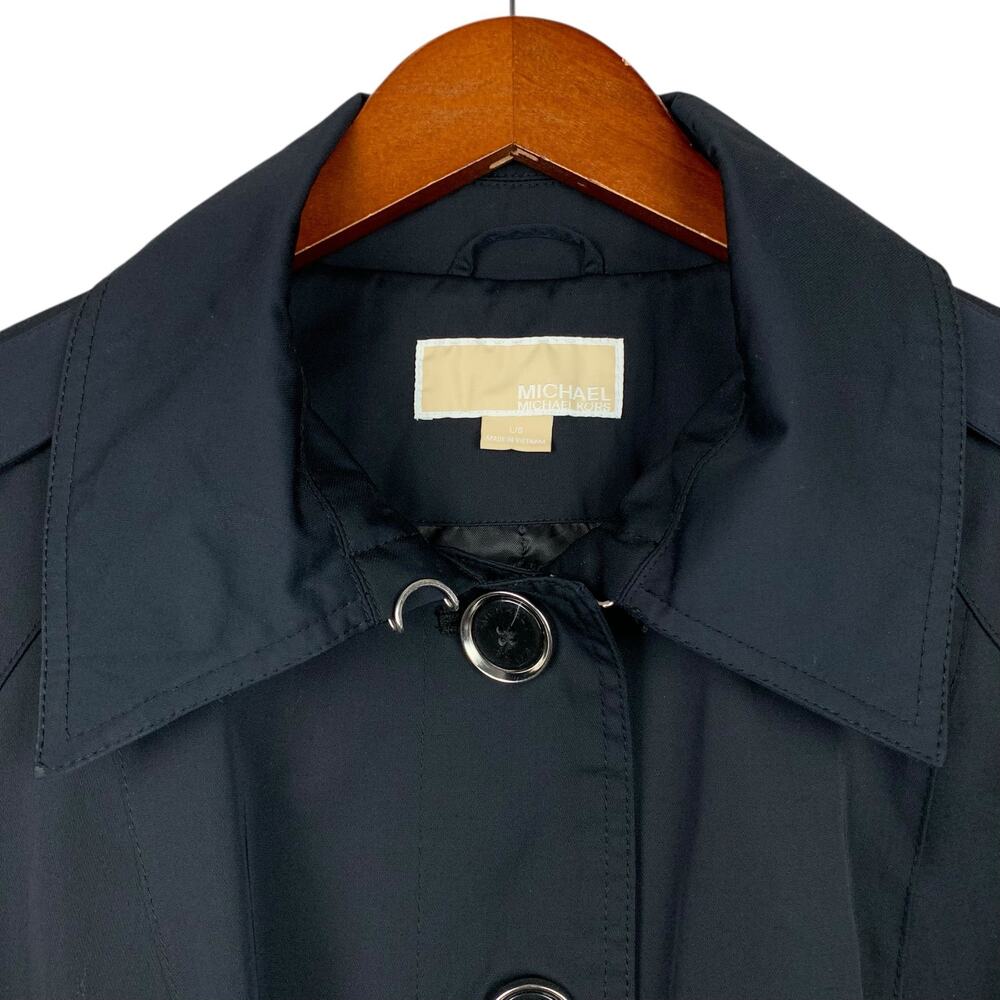 Michael Michael Kors Mid Length Trench Coat Black Belt Button Front Women's L - Picture 4 of 12
